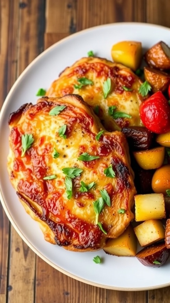 Crispy air fryer pork chops on a plate with roasted vegetables, garnished with herbs.